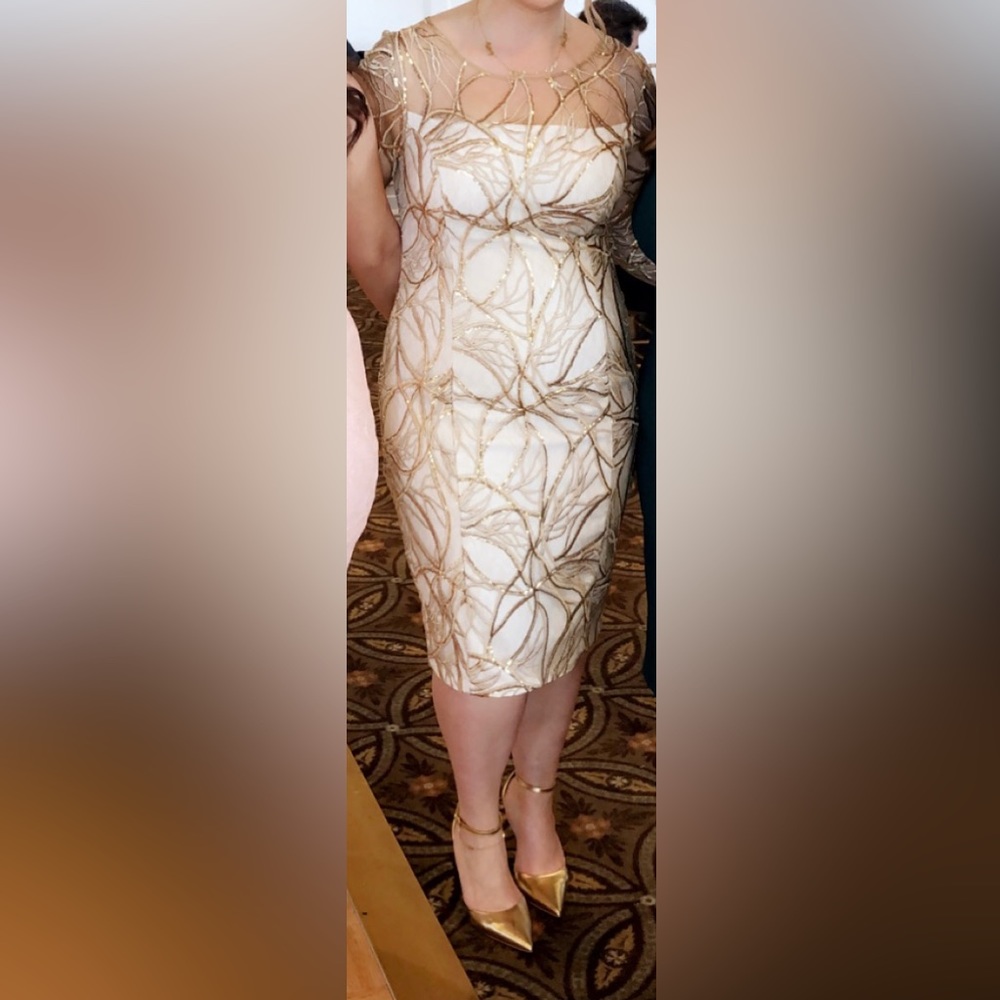 BoutiqueCream Midi Dress with Lace and Sequin Overlay